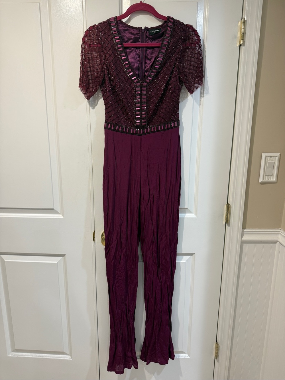 Vintage bebe Plum Beaded V-Neck Short Sleeve Jumpsuit